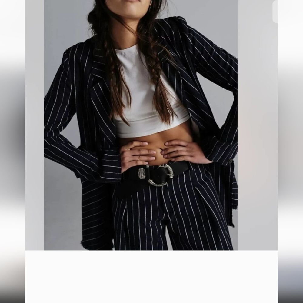 Free people Indigo navy Stella longline striped  double breasted  blazer SMALL
